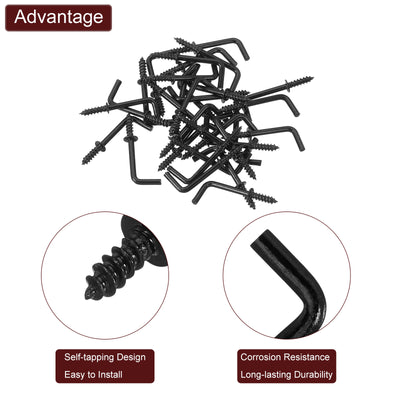 Harfington Uxcell Right Angle Hooks, 50Pcs 3/4" L Shaped Screw Hooks Screw in Hooks, 7 Shape Right Angle Metal Screw Hooks for Hanging, Black