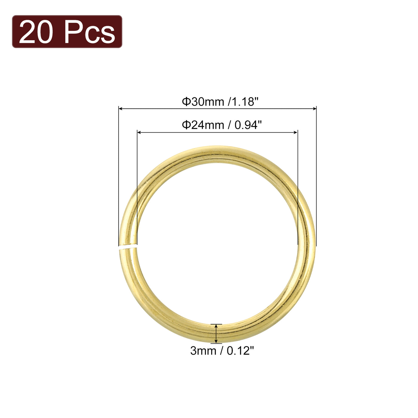 uxcell Uxcell 20Pcs Open Jump Rings, 30mm/1.18" Brass Jump Ring Connectors 3mm Thick O Rings