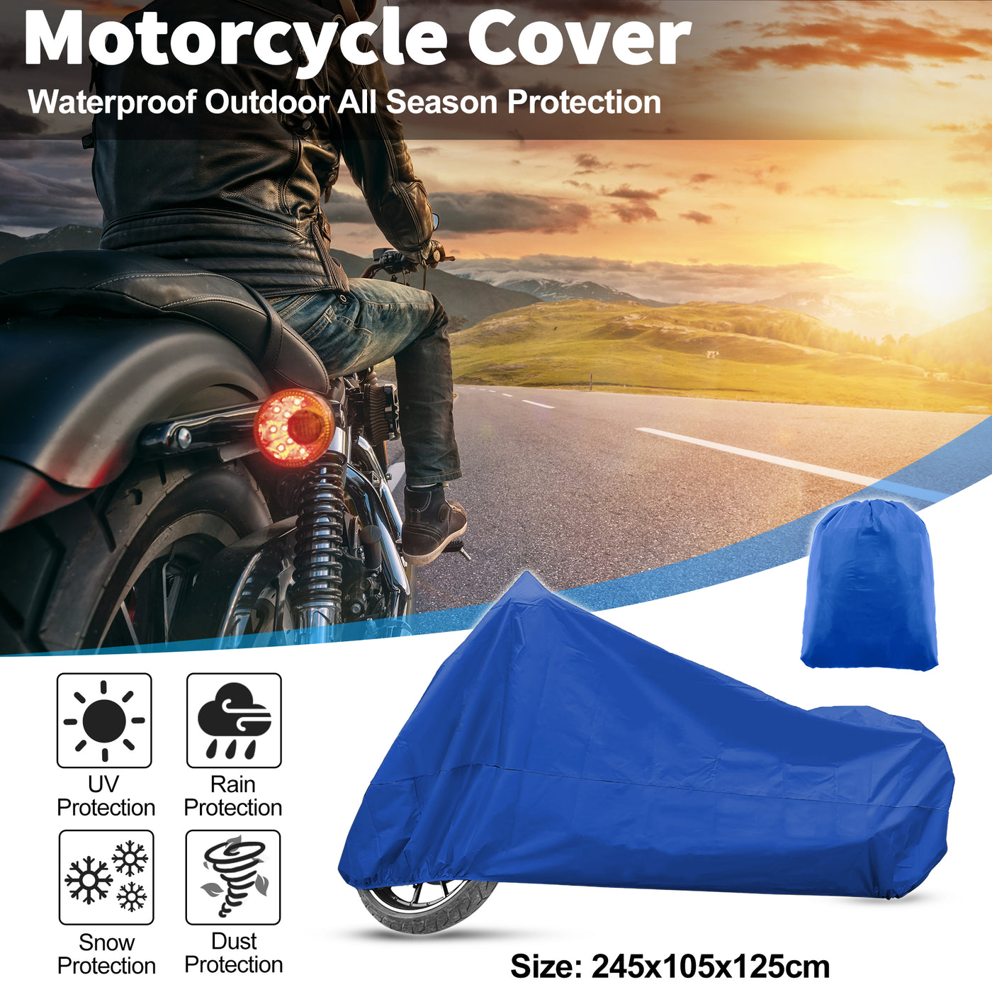 X AUTOHAUX Motorcycle Cover for Harley Davidson for Honda for Suzuki All Season Weather Waterproof Sun Outdoor Protection Motorbike Cover Fits Up to 96.46'' Motorcycles Vehicle Cover XL Blue