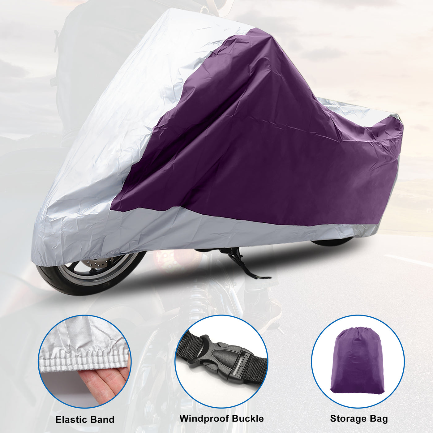 X AUTOHAUX Motorcycle Cover for Harley Davidson for Honda for Suzuki All Season Waterproof Sun Protection Motorbike Cover Fits Up to 78.74'' Motorcycles Vehicle Cover M Purple Silver Tone