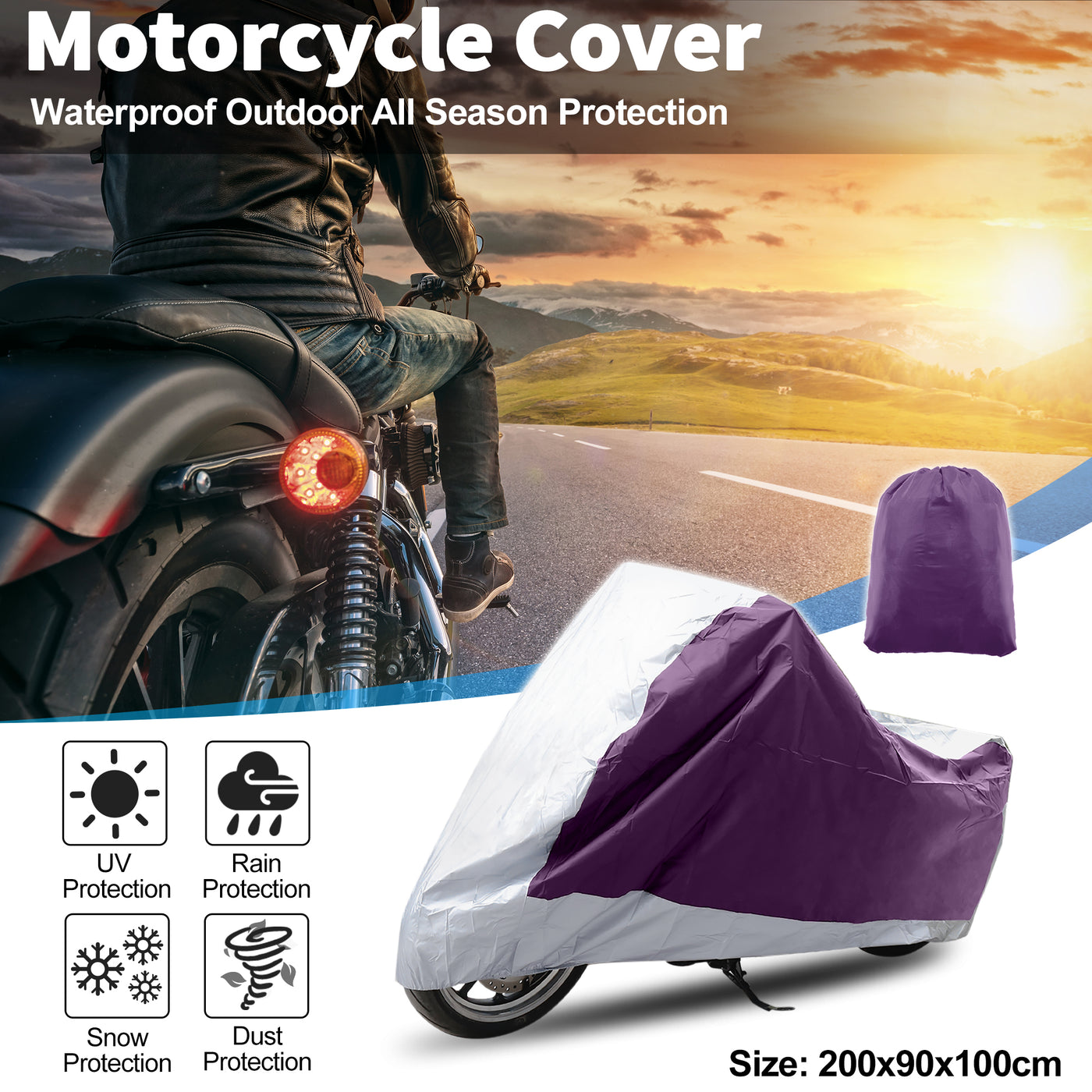 X AUTOHAUX Motorcycle Cover for Harley Davidson for Honda for Suzuki All Season Waterproof Sun Protection Motorbike Cover Fits Up to 78.74'' Motorcycles Vehicle Cover M Purple Silver Tone