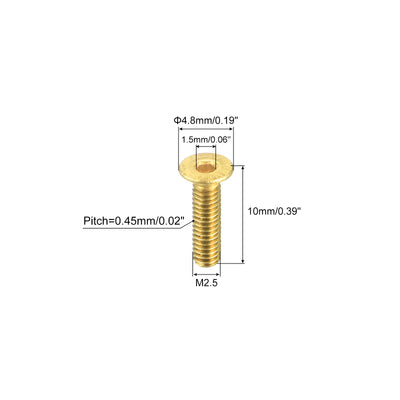 Harfington Uxcell Flat Head Socket Cap Screws, M2.5-0.45x10mm Brass Inner Hex Drive Bolts 6Pcs