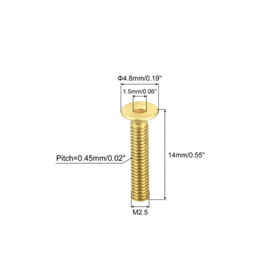 Harfington Uxcell Flat Head Socket Cap Screws, M2.5-0.45x14mm Brass Inner Hex Drive Bolts 6Pcs