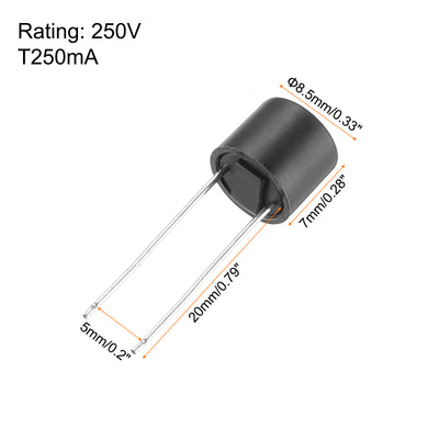 Harfington Uxcell 10 Stück Zylindrische DIP-Montierte Miniatur-Rundlangsame Schmelzsicherung für Elektronikteile PCB LCD-Reparatur, T250mA 250mA 250V, Schwarz