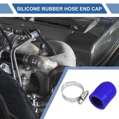 Harfington 1 Set 30mm Length 25mm/0.98" ID Blue Car Silicone Rubber Hose End Cap with Clamps Silicone Reinforced Blanking Cap for Bypass Tube Universal