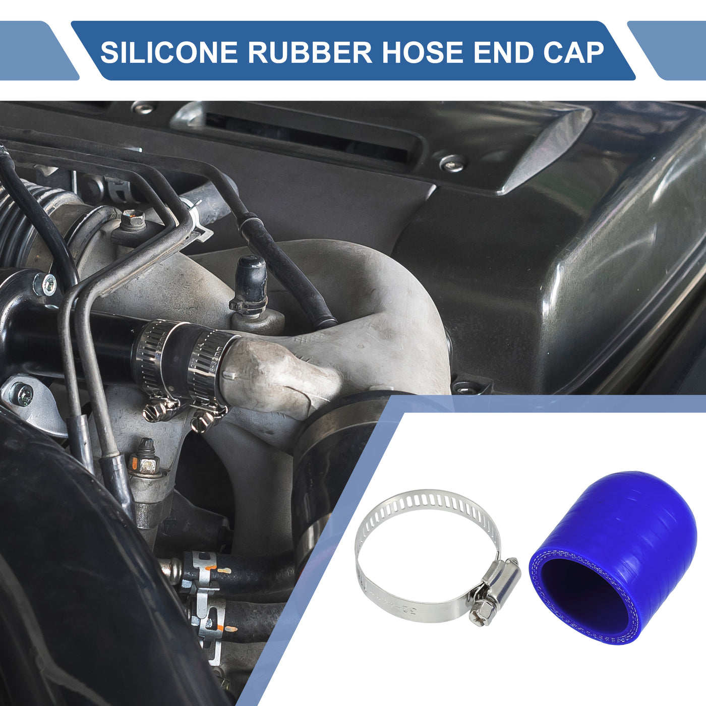 X AUTOHAUX 1 Set 30mm Length 32mm/1.26" ID Blue Car Silicone Rubber Hose End Cap with Clamps Silicone Reinforced Blanking Cap for Bypass Tube Universal