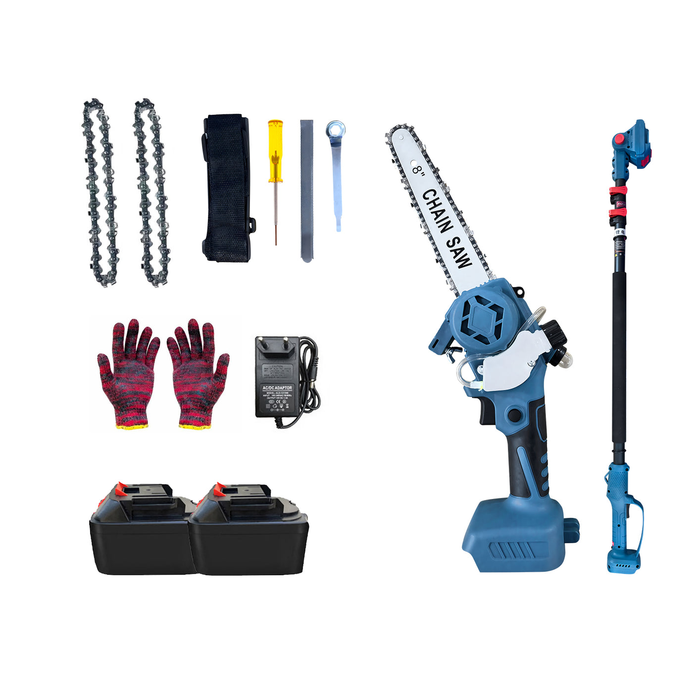 Harfington Cordless 8 inch mini electric Brushless chainsaw kit, with 2.5m High pole saw, 2 batteries, 2 chains, 1 charge