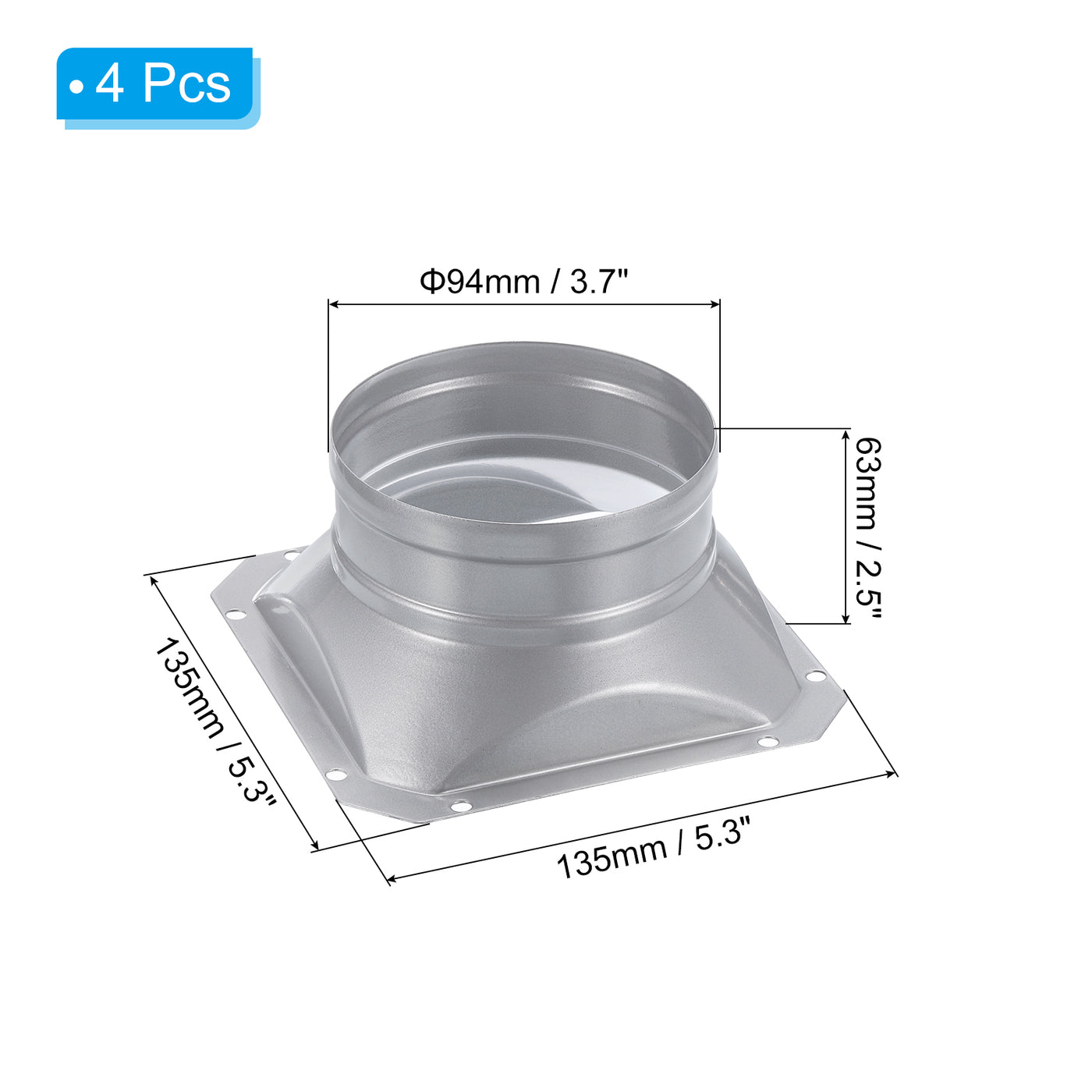 Harfington 4" Duct Connector Flange Square to Round Interface Straight Pipe Flange, 4 Pcs