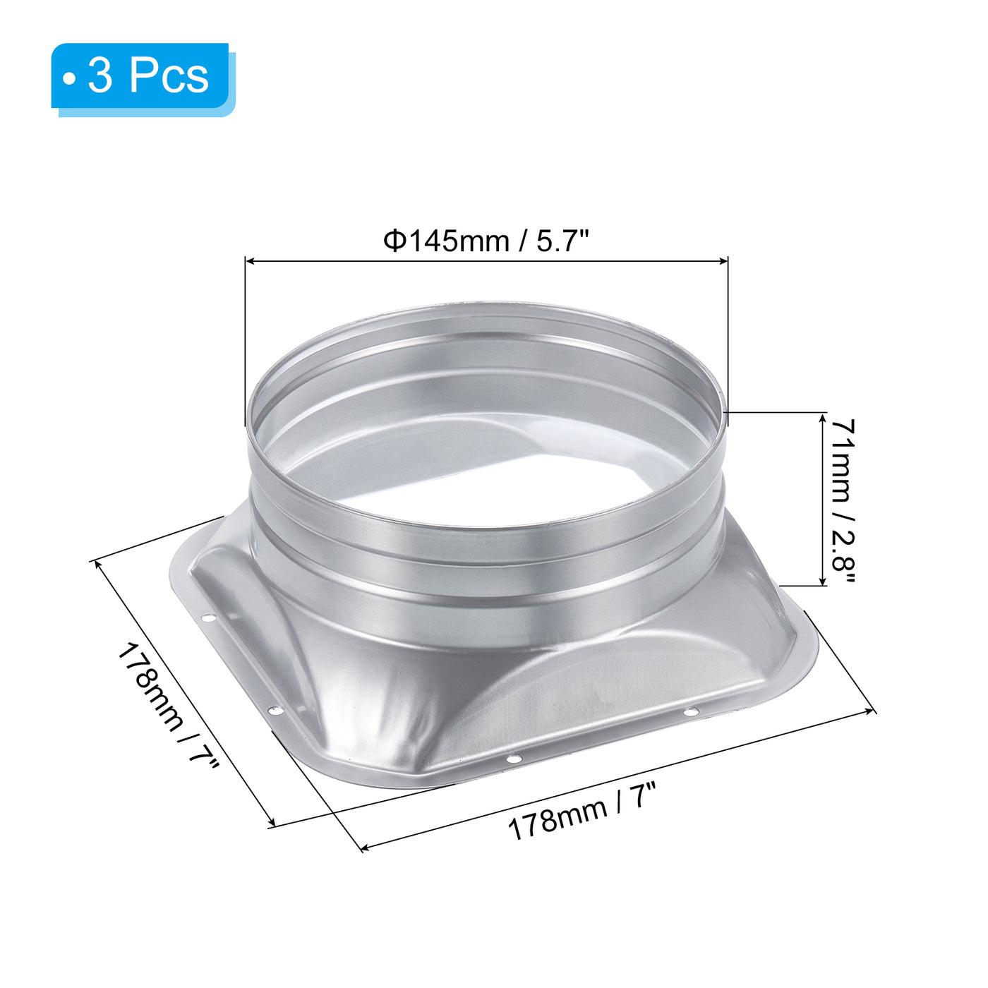 Harfington 6" Duct Connector Flange Square to Round Interface Straight Pipe Flange, 3 Pcs