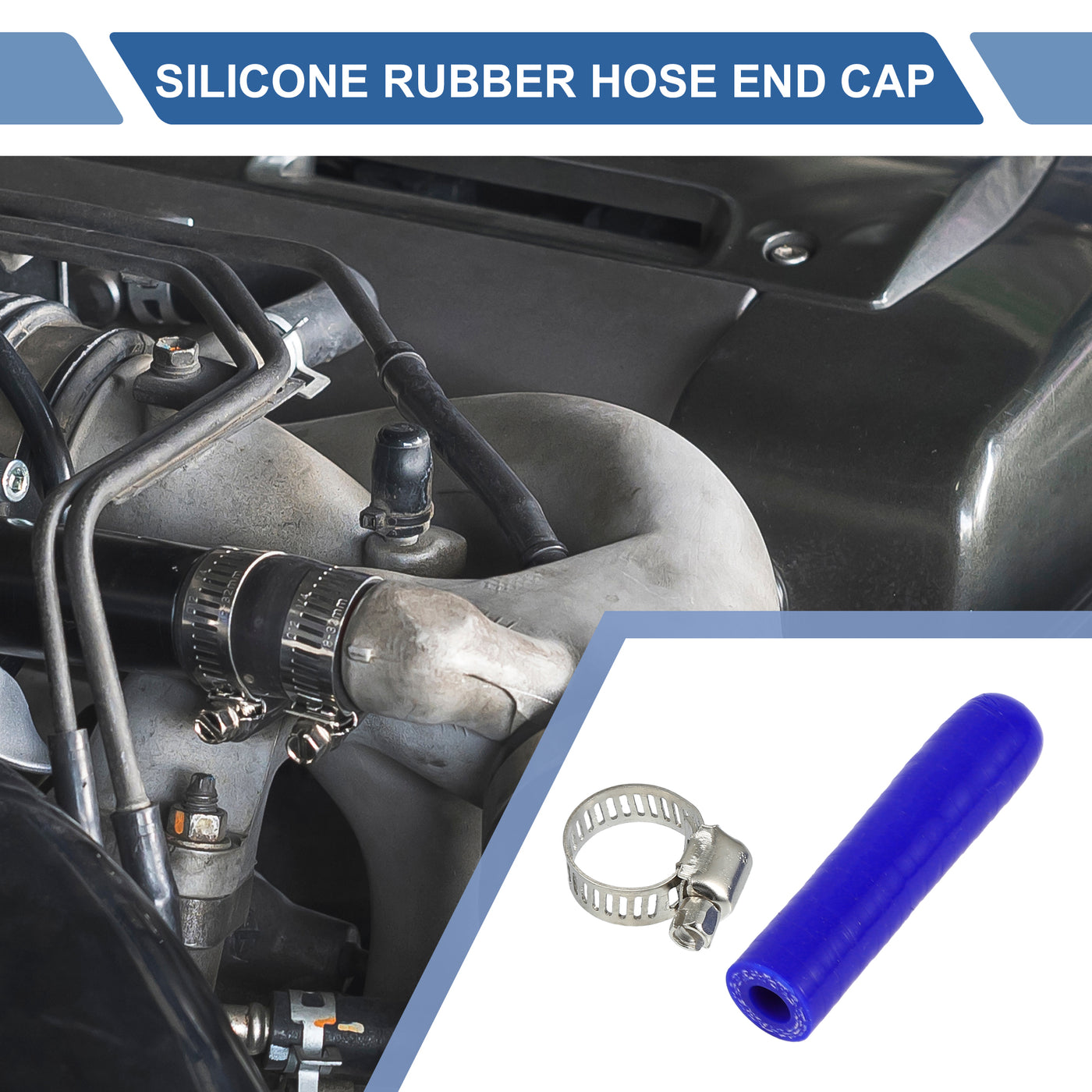 X AUTOHAUX 1 Pcs 60mm Length 8mm/0.31" ID Blue Car Silicone Rubber Hose End Cap with Clamp Silicone Reinforced Blanking Cap for Bypass Tube Universal