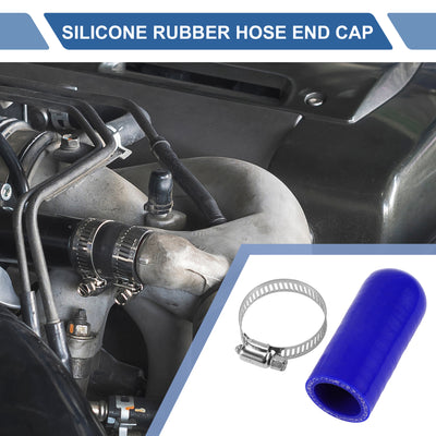 Harfington 1 Pcs 60mm Length 25mm/0.98" ID Blue Car Silicone Rubber Hose End Cap with Clamp Silicone Reinforced Blanking Cap for Bypass Tube Universal