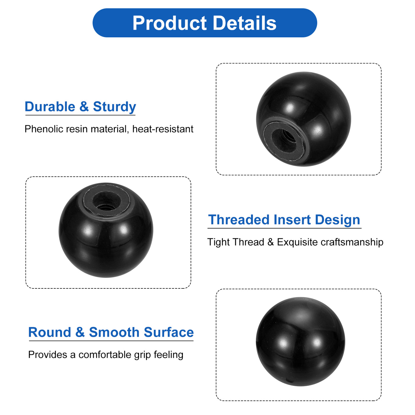 uxcell Uxcell 4Pcs M5 Phenolic Thread 20mm Dia Threaded Ball Knobs for Machine Handle, Black