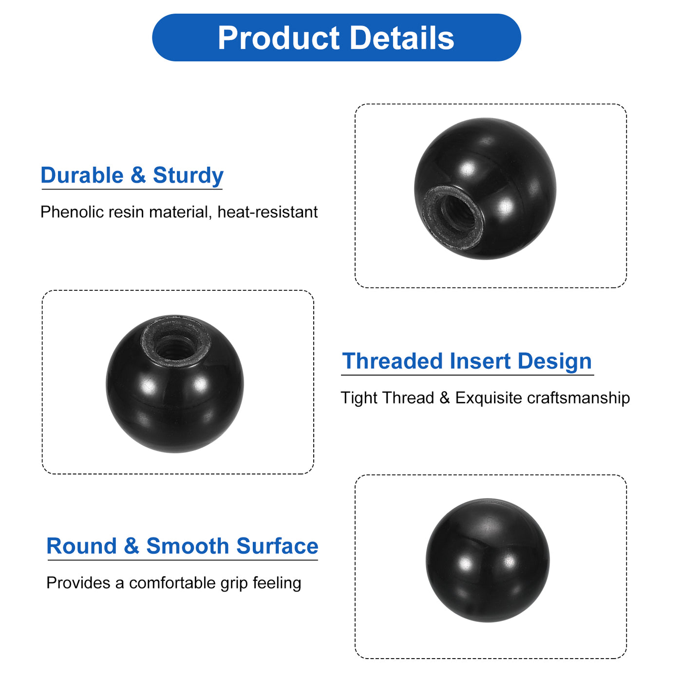 uxcell Uxcell 6Pcs M6 Phenolic Thread 20mm Dia Threaded Ball Knobs for Machine Handle, Black