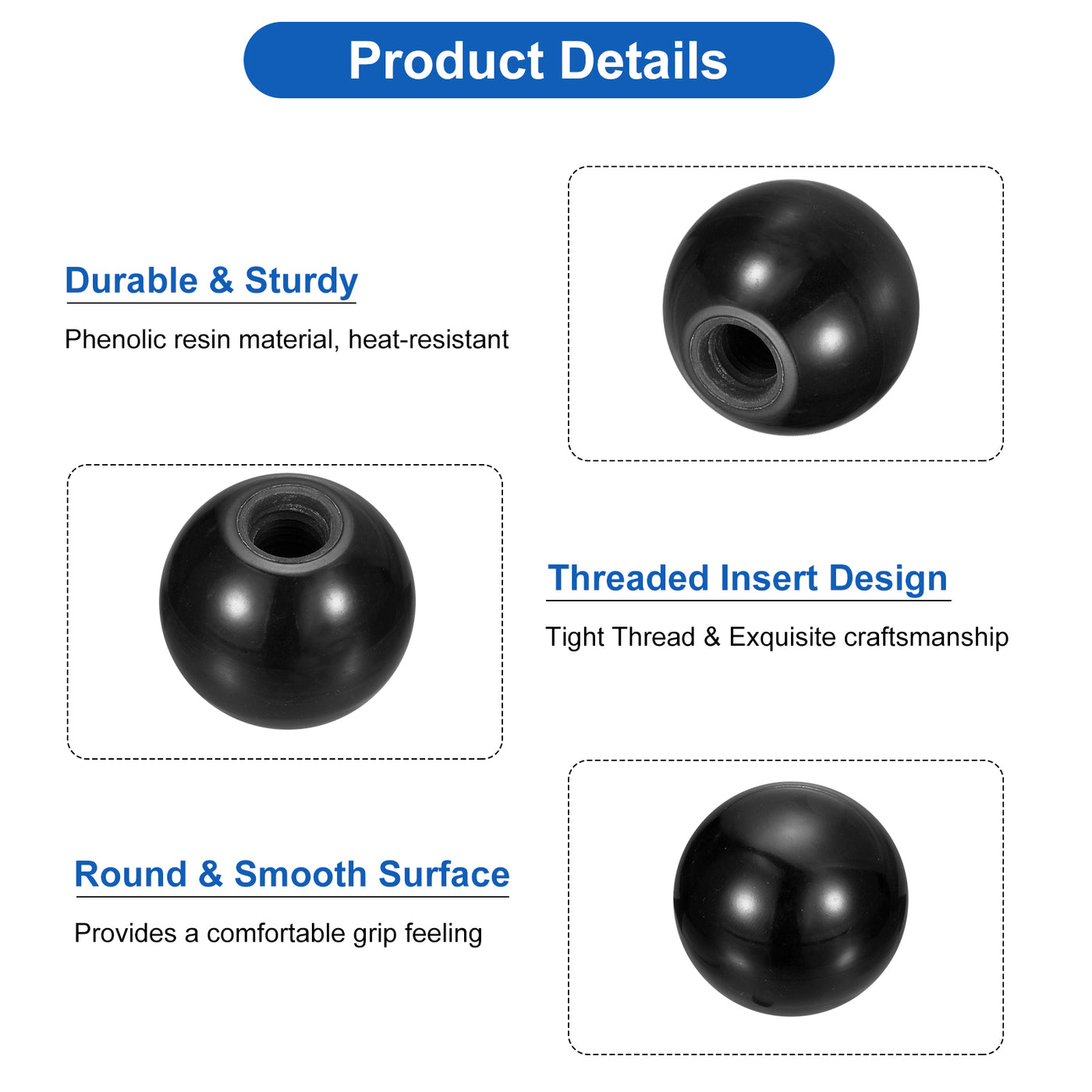 uxcell Uxcell 6Pcs M8 Phenolic Thread 20mm Dia Threaded Ball Knobs for Machine Handle, Black