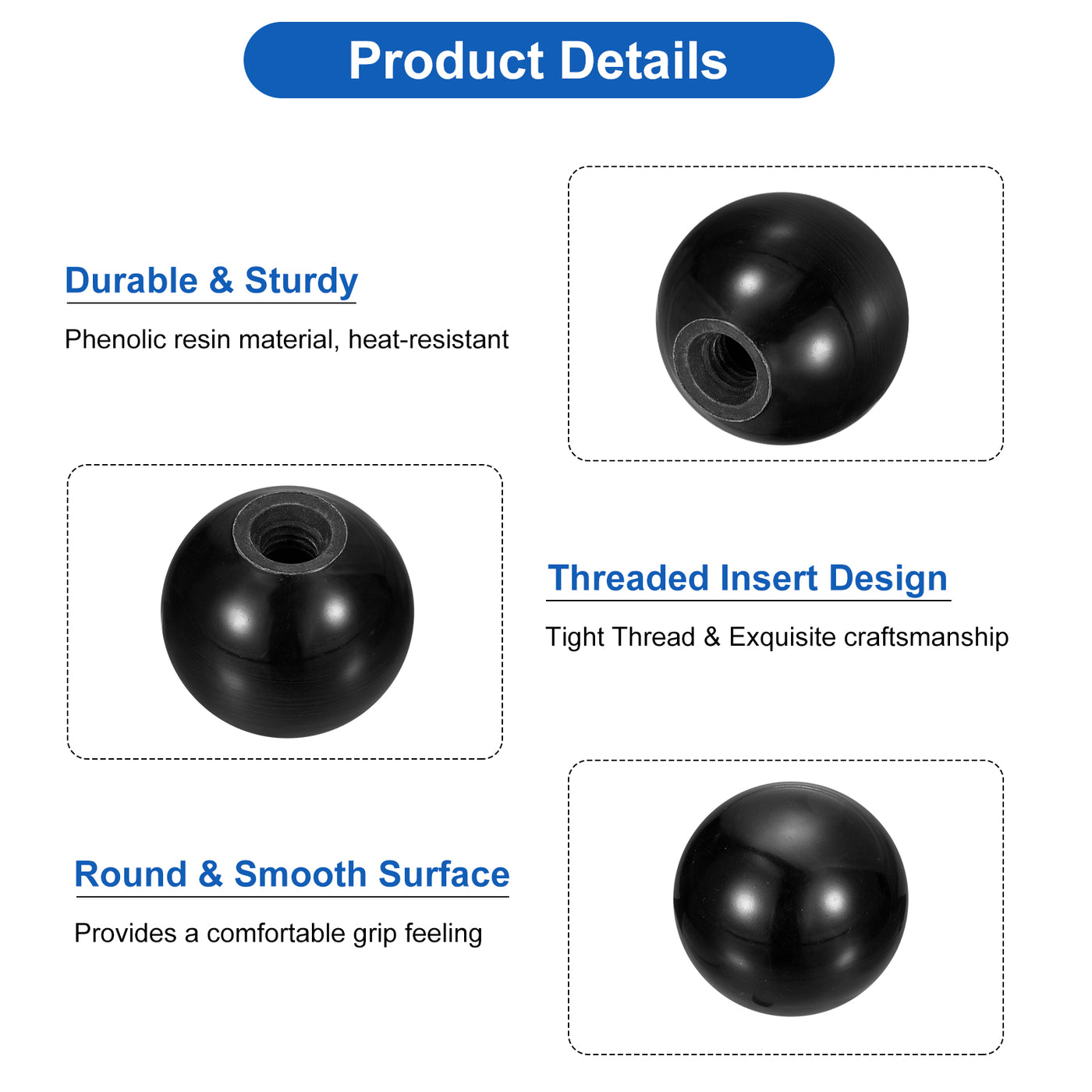 uxcell Uxcell 3Pcs M8 Phenolic Thread 30mm Dia Threaded Ball Knobs for Machine Handle, Black