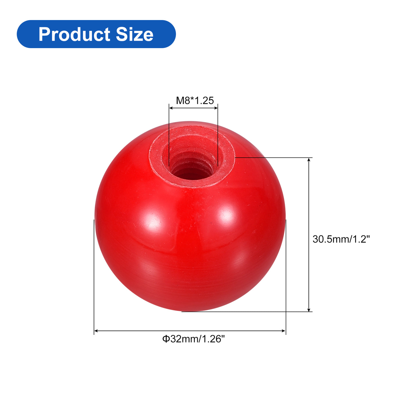 uxcell Uxcell 4Pcs M8 Phenolic Thread 32mm Dia Threaded Ball Knobs for Machine Handle, Red