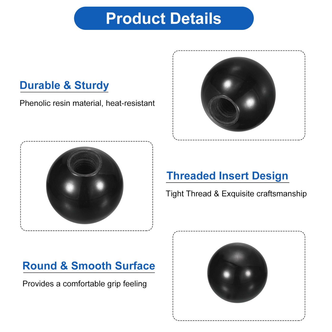 uxcell Uxcell 3Pcs M10 Phenolic Thread 32mm Dia Threaded Ball Knobs for Machine Handle, Black