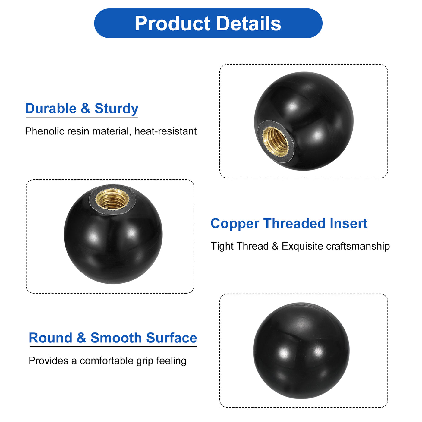 uxcell Uxcell M6 Copper Thread 20mm Dia Threaded Ball Knobs for Machine Handle, Black