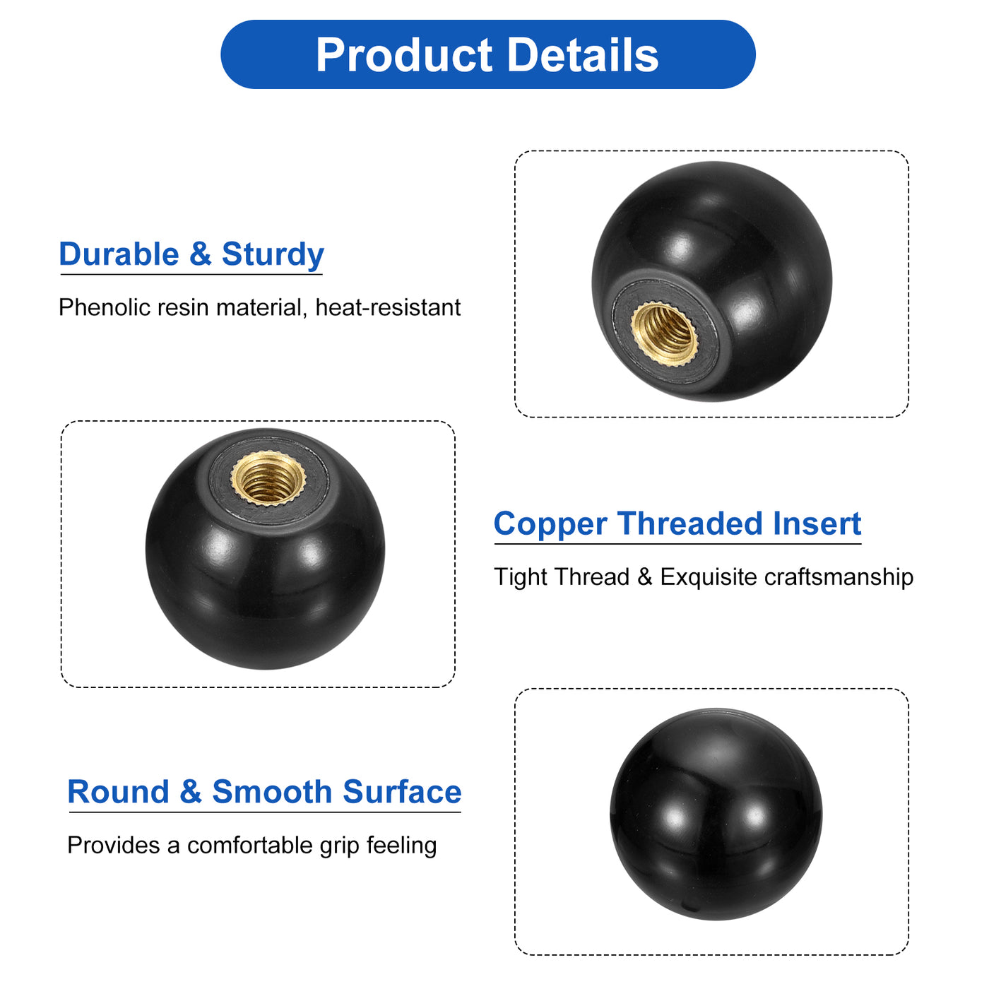 uxcell Uxcell M5 Copper Thread 25mm Dia Threaded Ball Knobs for Machine Handle, Black