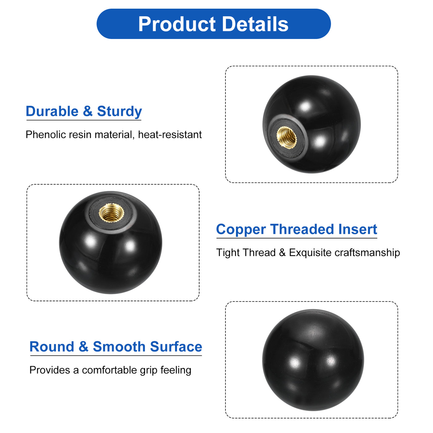 uxcell Uxcell M8 Copper Thread 40mm Dia Threaded Ball Knobs for Machine Handle, Black