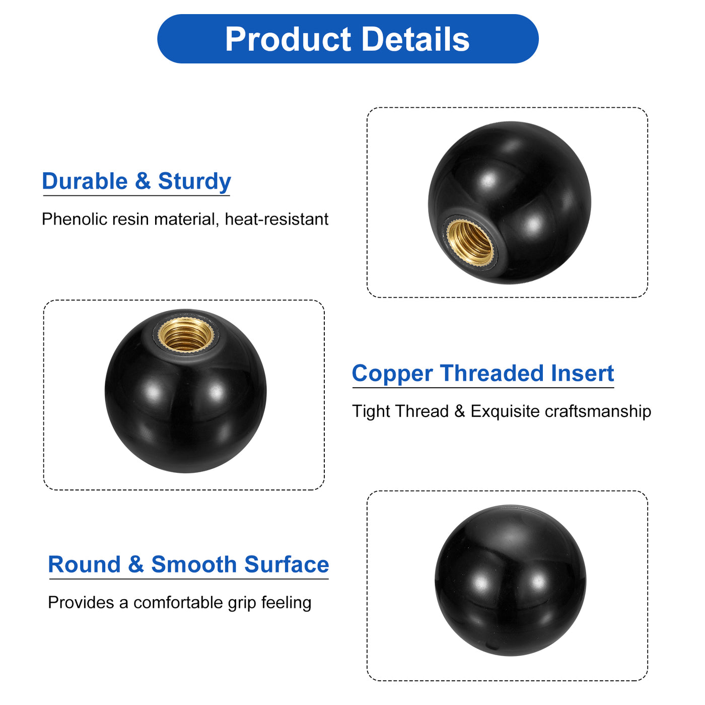 uxcell Uxcell M12 Copper Thread 40mm Dia Threaded Ball Knobs for Machine Handle, Black