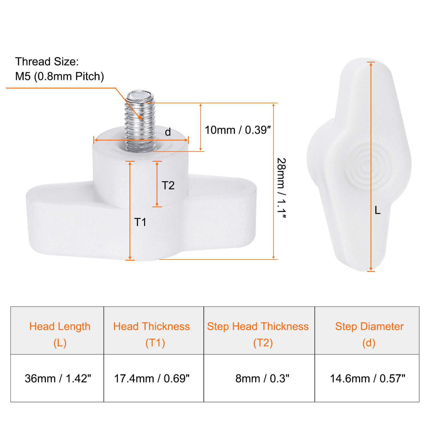 Harfington 20pcs Wing Knobs M5 x 10mm Tee Stud Knob Thumb Screw Hand Clamping Handle White