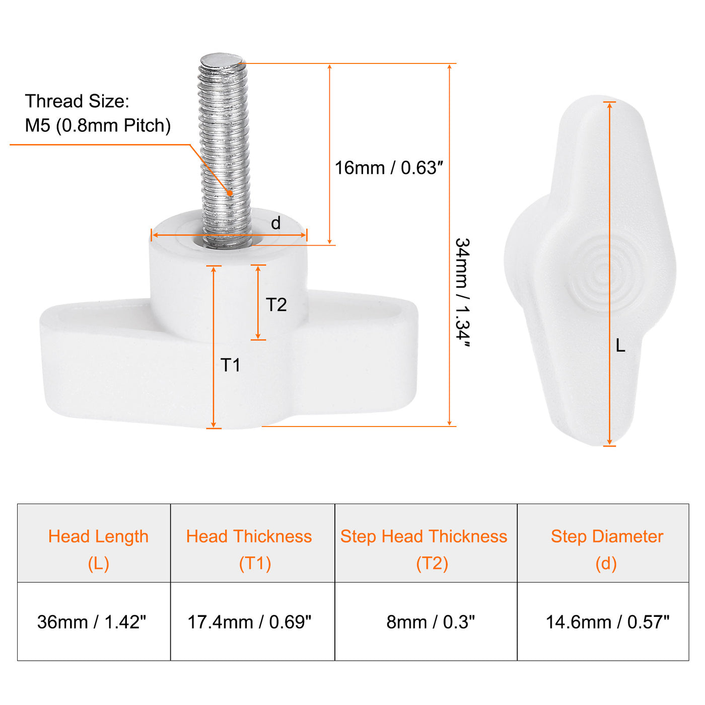 Harfington 20pcs Wing Knobs M5 x 16mm Tee Stud Knob Thumb Screw Hand Clamping Handle White