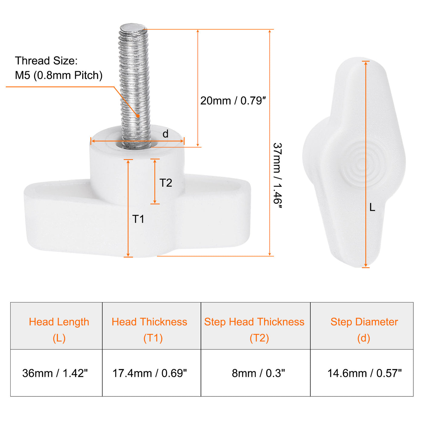 Harfington 20pcs Wing Knobs M5 x 20mm Tee Stud Knob Thumb Screw Hand Clamping Handle White