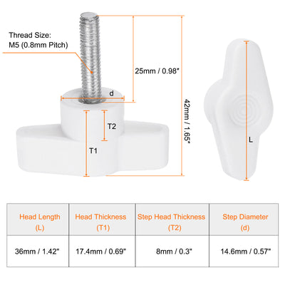 Harfington 20pcs Wing Knobs M5 x 25mm Tee Stud Knob Thumb Screw Hand Clamping Handle White