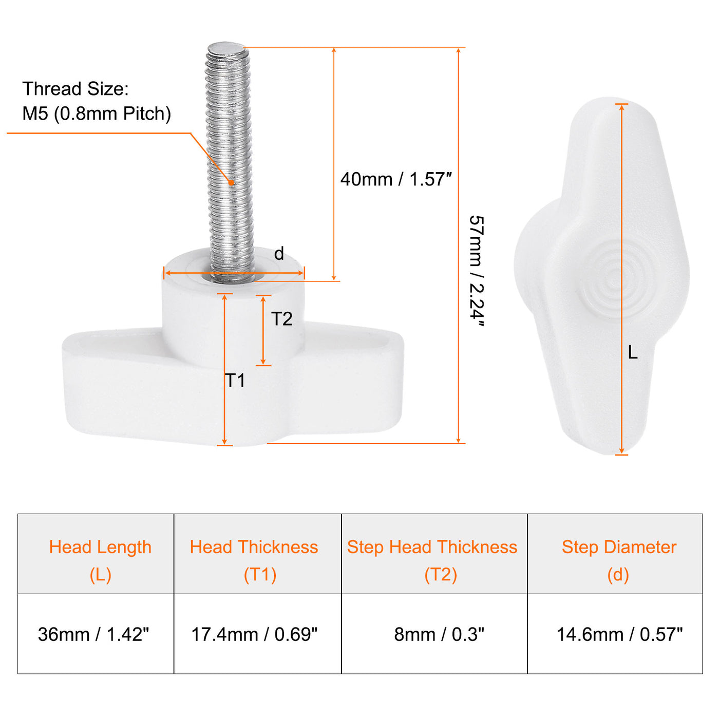 Harfington 20pcs Wing Knobs M5 x 40mm Tee Stud Knob Thumb Screw Hand Clamping Handle White