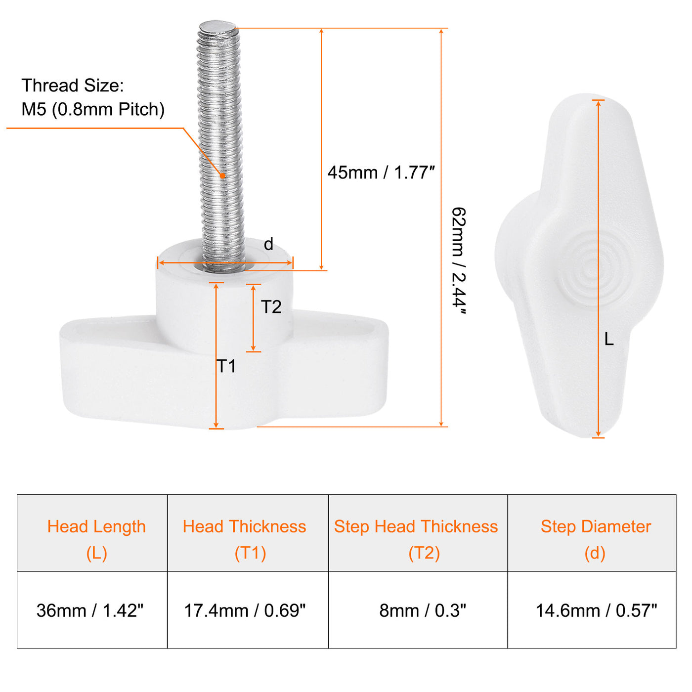 Harfington 20pcs Wing Knobs M5 x 45mm Tee Stud Knob Thumb Screw Hand Clamping Handle White