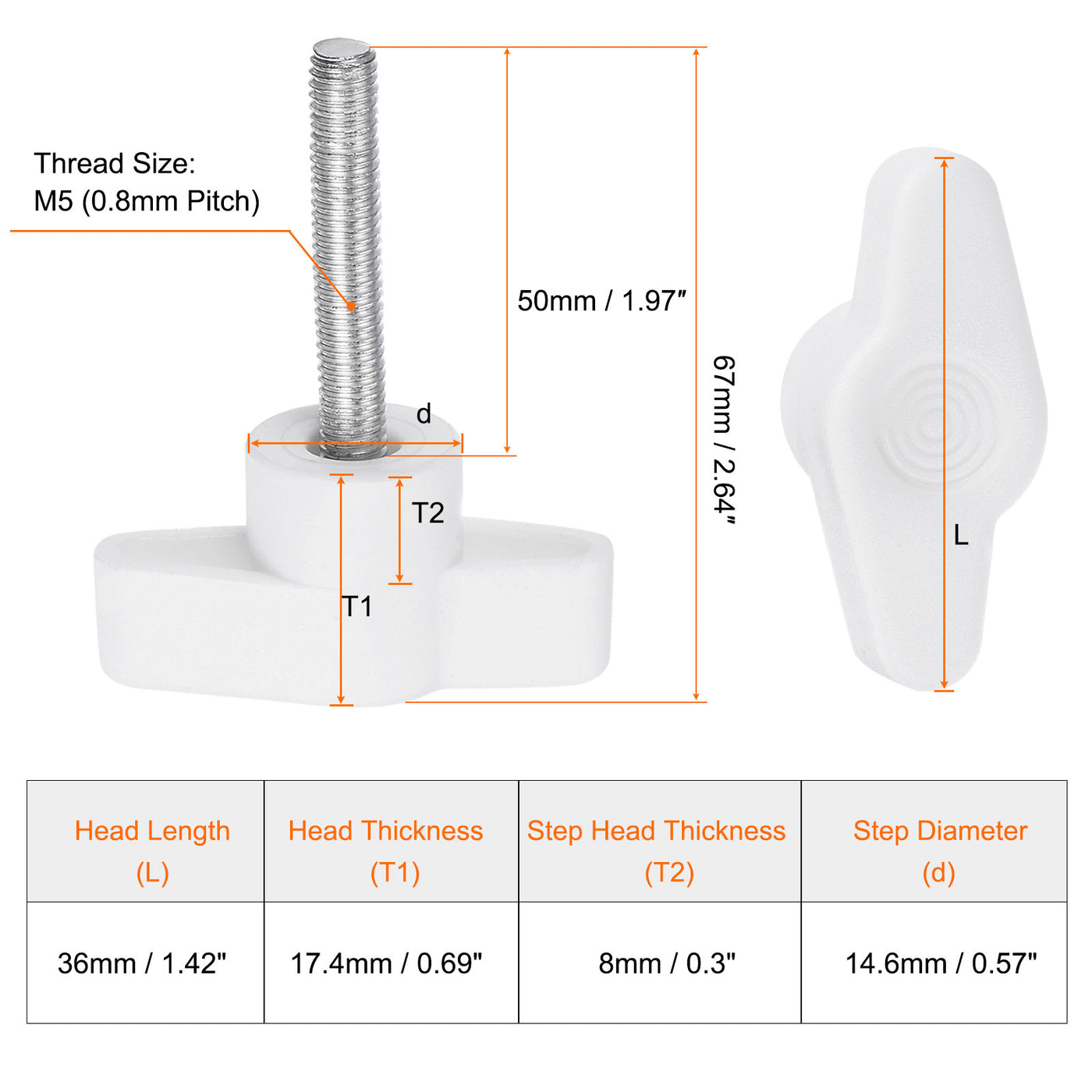 Harfington 20pcs Wing Knobs M5 x 50mm Tee Stud Knob Thumb Screw Hand Clamping Handle White