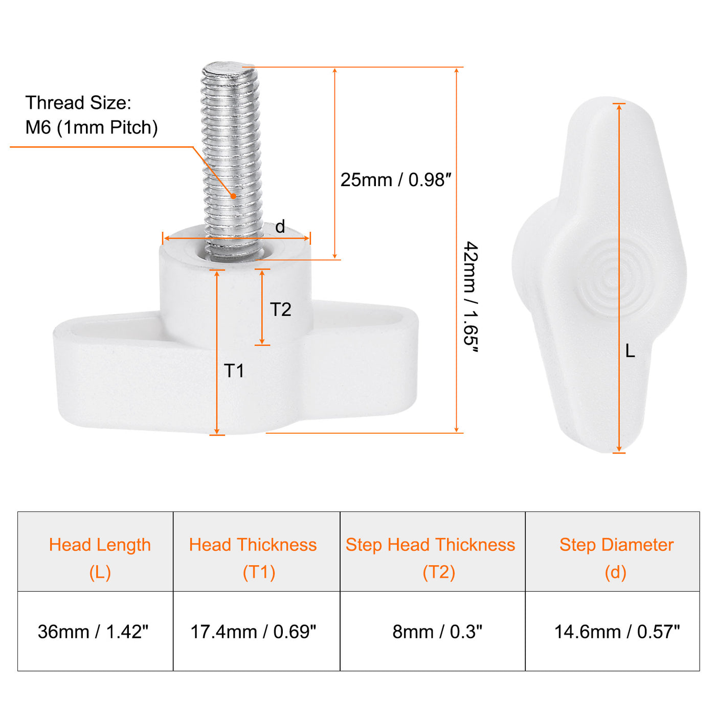 Harfington 20pcs Wing Knobs M6 x 25mm Tee Stud Knob Thumb Screw Hand Clamping Handle White