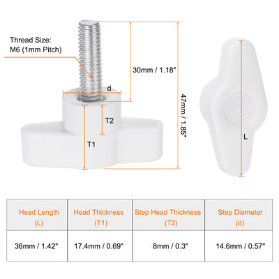 Harfington 20pcs Wing Knobs M6 x 30mm Tee Stud Knob Thumb Screw Hand Clamping Handle White