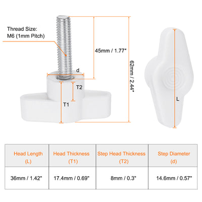 Harfington 20pcs Wing Knobs M6 x 45mm Tee Stud Knob Thumb Screw Hand Clamping Handle White