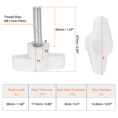 Harfington 20pcs Wing Knobs M6 x 50mm Tee Stud Knob Thumb Screw Hand Clamping Handle White