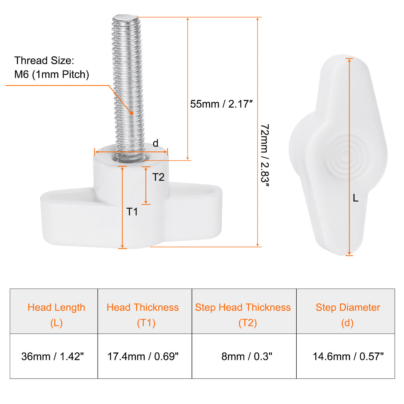 Harfington 20pcs Wing Knobs M6 x 55mm Tee Stud Knob Thumb Screw Hand Clamping Handle White