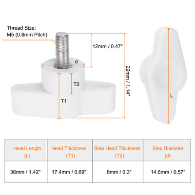 Harfington 10pcs Wing Knobs M5 x 12mm Tee Stud Knob Thumb Screw Hand Clamping Handle White