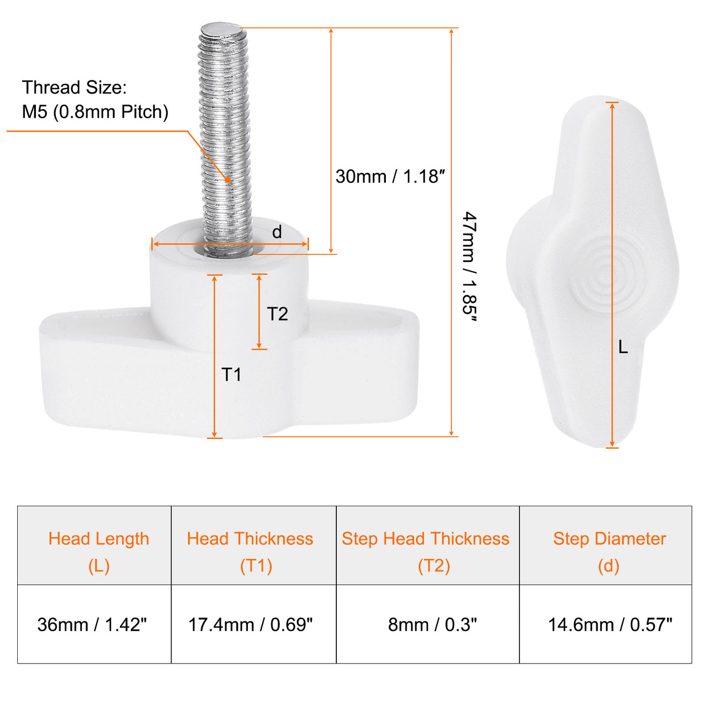 Harfington 10pcs Wing Knobs M5 x 30mm Tee Stud Knob Thumb Screw Hand Clamping Handle White