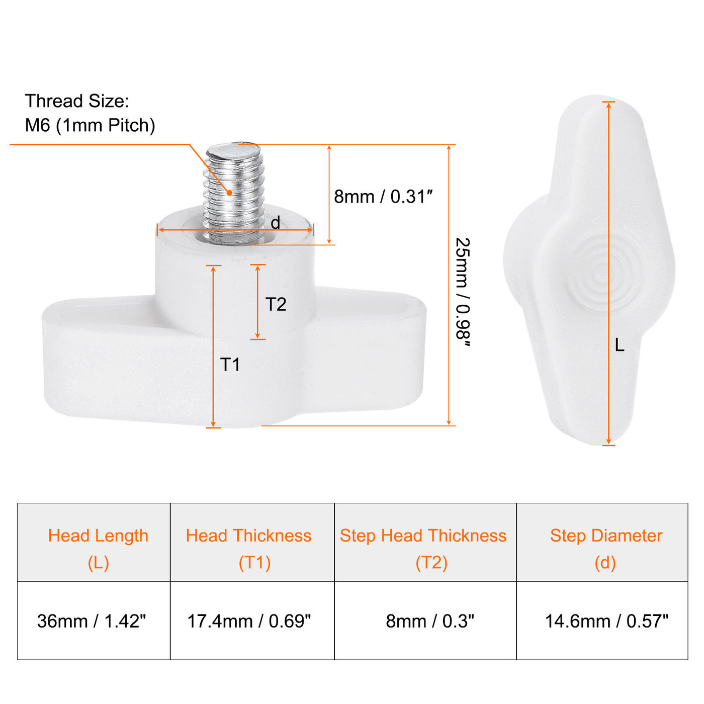 Harfington 10pcs Wing Knobs M6 x 8mm Tee Stud Knob Thumb Screw Hand Clamping Handle White