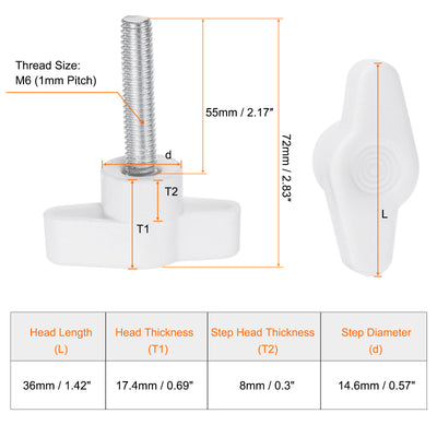 Harfington 10pcs Wing Knobs M6 x 55mm Tee Stud Knob Thumb Screw Hand Clamping Handle White