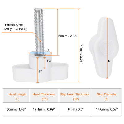 Harfington 10pcs Wing Knobs M6 x 60mm Tee Stud Knob Thumb Screw Hand Clamping Handle White