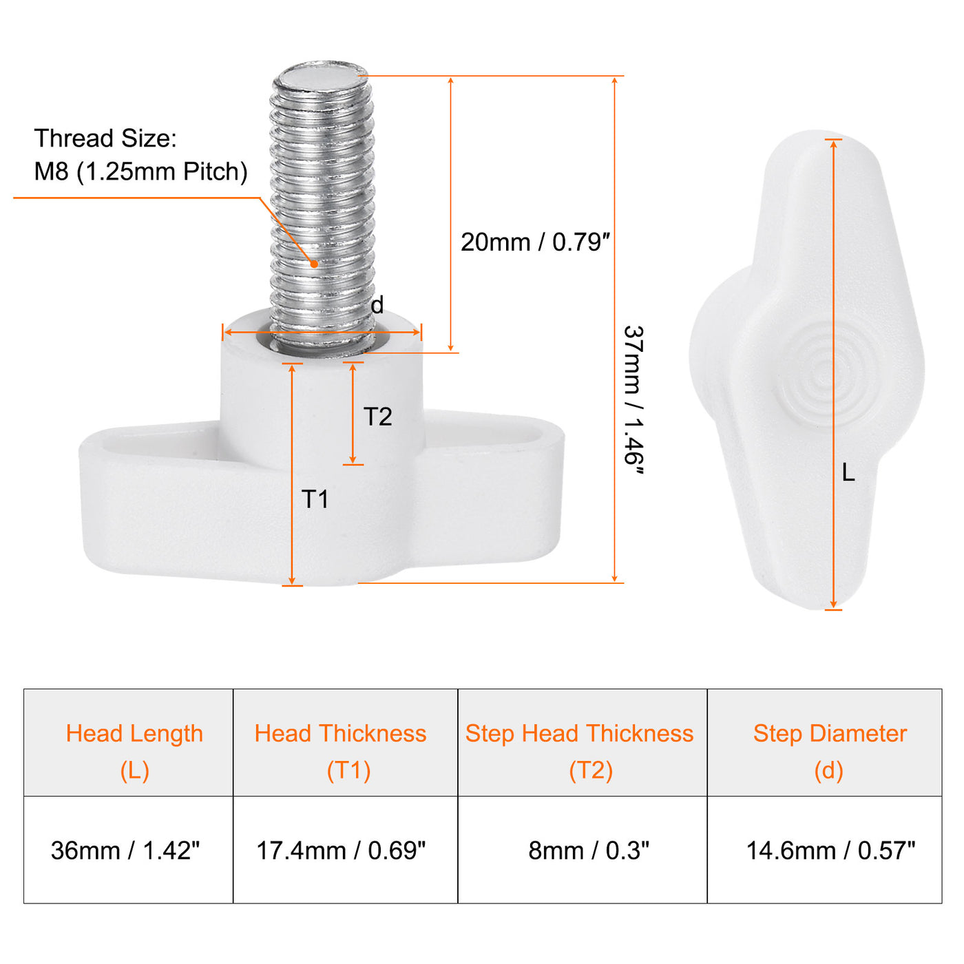 Harfington 10pcs Wing Knobs M8 x 20mm Tee Stud Knob Thumb Screw Hand Clamping Handle White