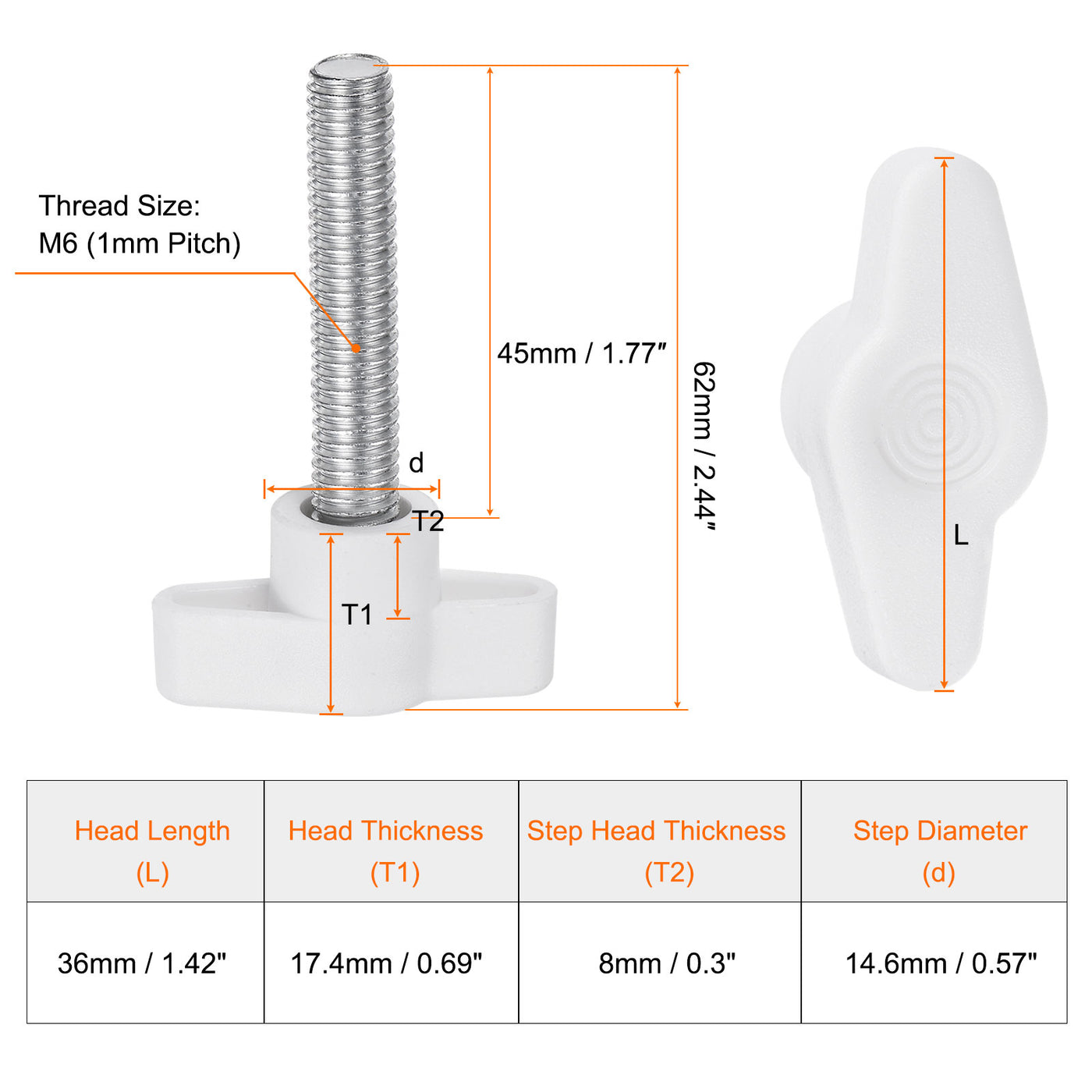 Harfington 10pcs Wing Knobs M8 x 45mm Tee Stud Knob Thumb Screw Hand Clamping Handle White