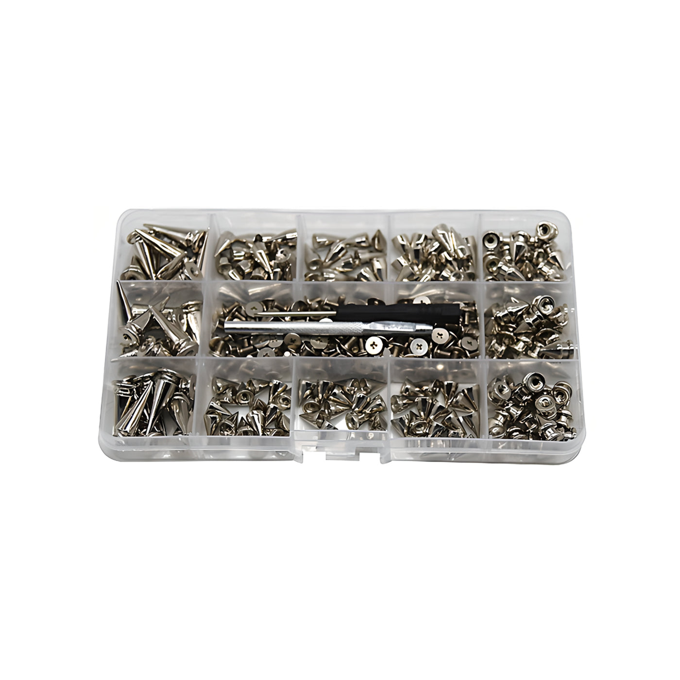 Harfington 180 Sets Zinc Alloy Silver Punk Spikes and Studs with 2 Pieces Install Tool Kit，4 Size Cone Spikes,Metal Tree Spikes Studs