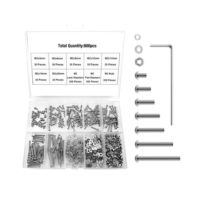 Harfington 800Pcs M2 Screw Assortment Kit 304 Stainless Steel Socket Head Metric Screws Bolts, Flat & Spring Lock Washers/Nuts/Hex Wrenches