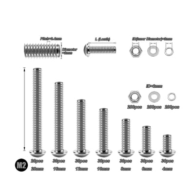 Harfington 800Pcs M2 Screw Assortment Kit 304 Stainless Steel Socket Head Metric Screws Bolts, Flat & Spring Lock Washers/Nuts/Hex Wrenches