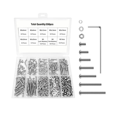 Harfington 550Pcs M3 Screw Assortment Kit 304 Stainless Steel Hex Socket Head Metric Screws Bolts, Flat & Spring Lock Washers/Nuts/Hex Wrenches