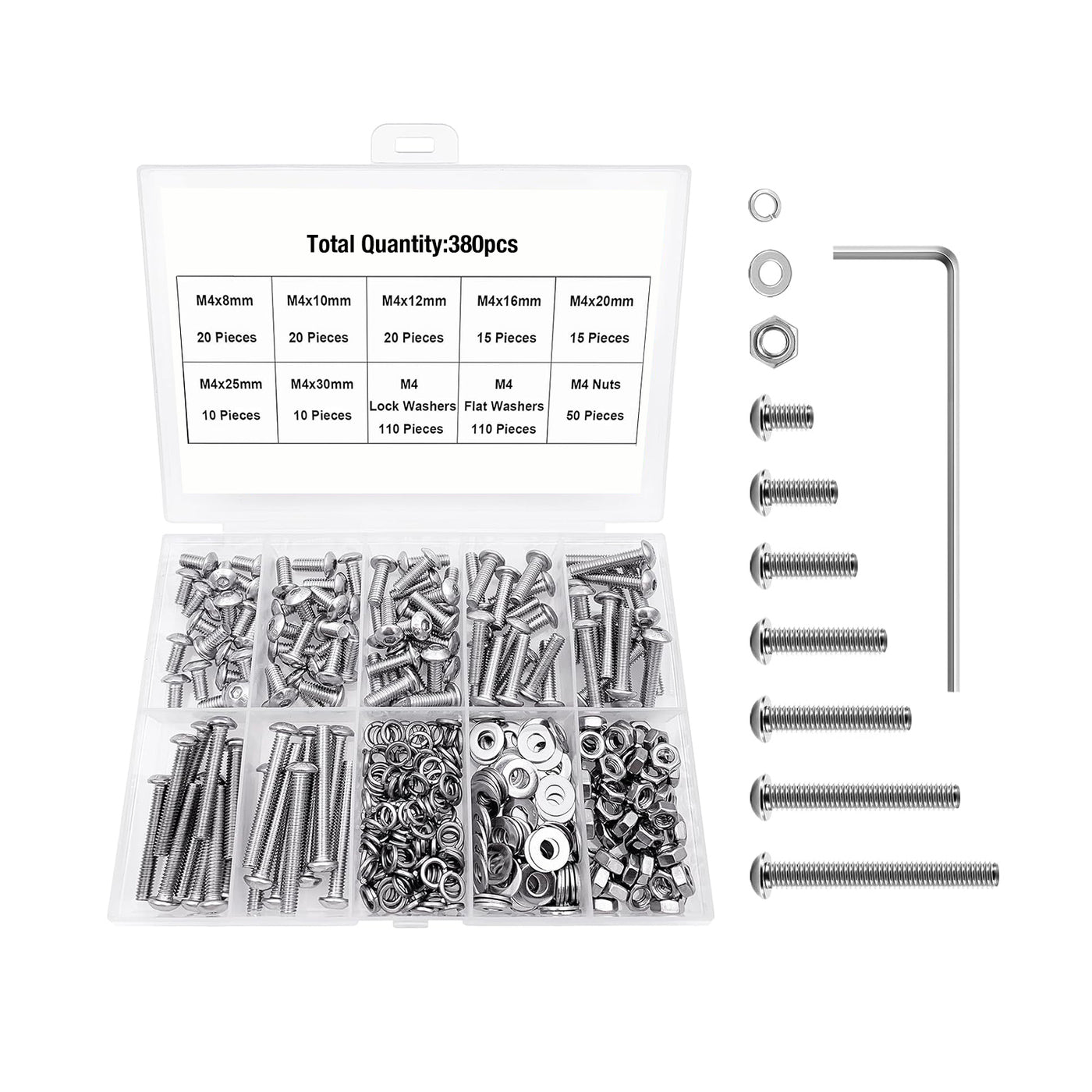 Harfington 380 Pcs M4 Screw Assortment Kit 304 Stainless Steel Button Head Socket Head Metric Screws Bolts, Spring & Flat Lock Washers/Nuts/Hex Wrenches