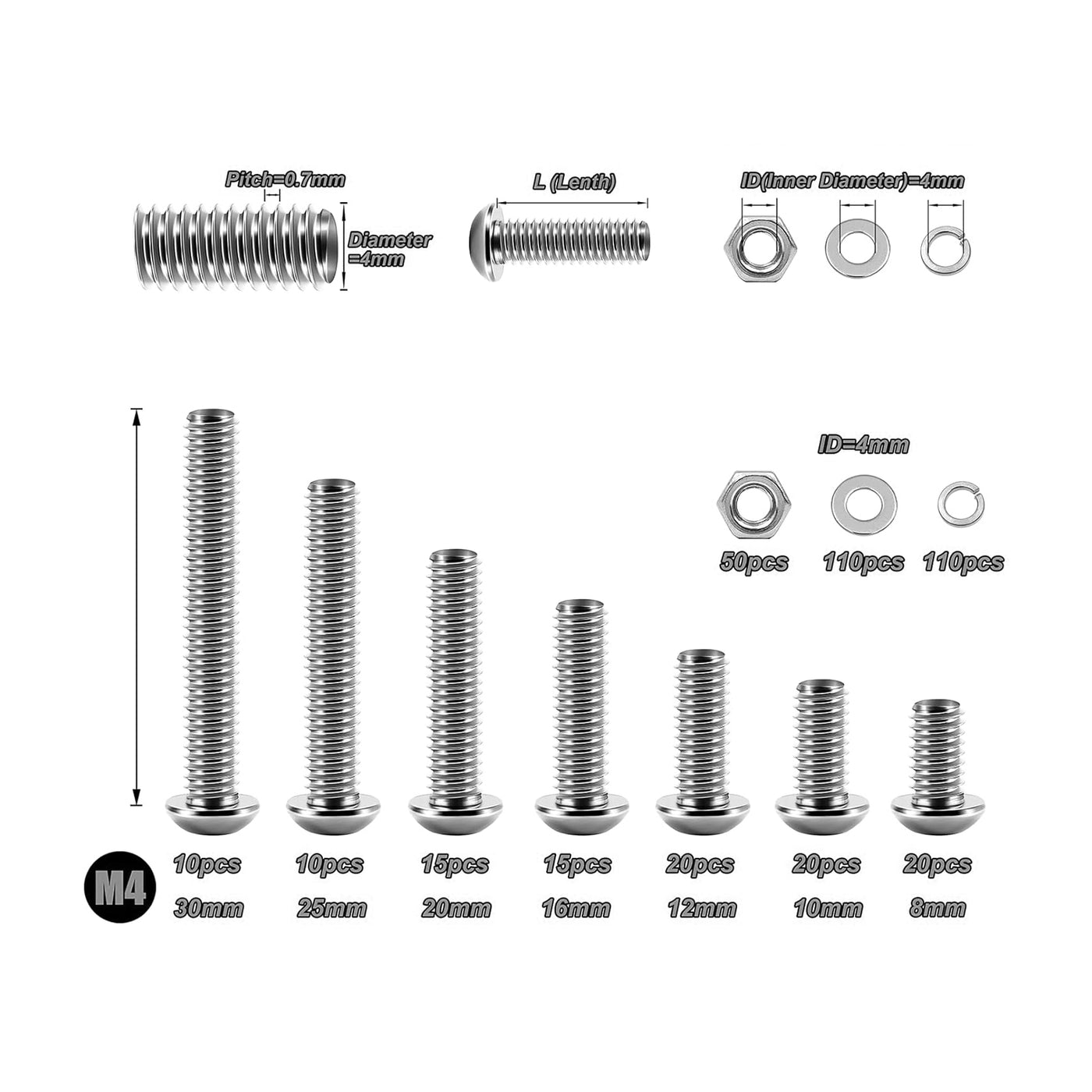 Harfington 380 Pcs M4 Screw Assortment Kit 304 Stainless Steel Button Head Socket Head Metric Screws Bolts, Spring & Flat Lock Washers/Nuts/Hex Wrenches